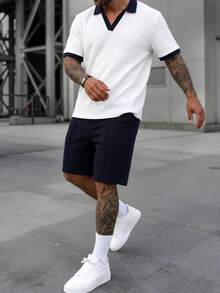 Manfinity CasualCool 男士紋理多色成熟休閒 Polo 衫套裝，適合度假、日常穿著、約會，送給丈夫或男友的禮物 - 彩色 - 查看 4