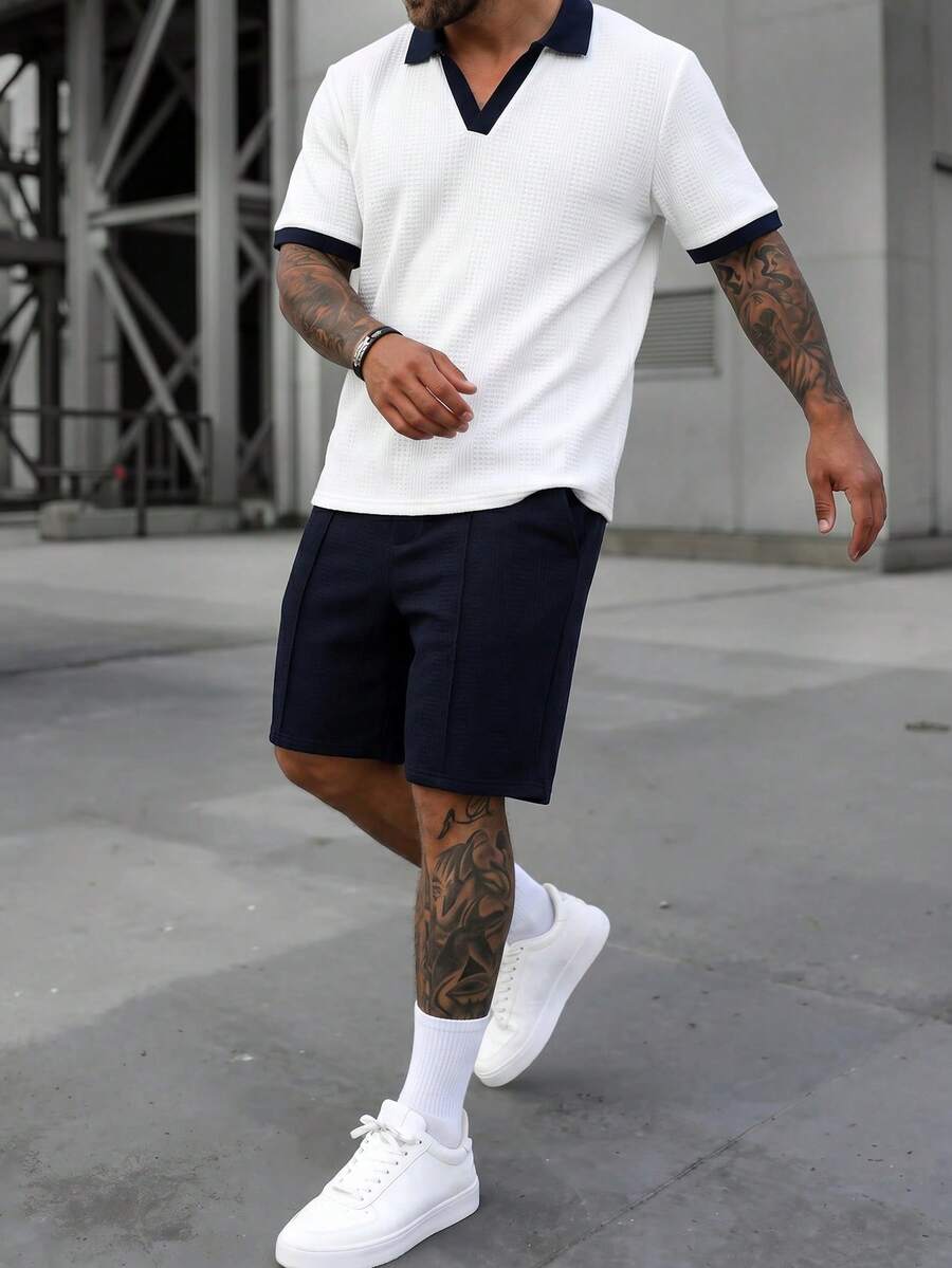 Manfinity CasualCool 男士紋理多色成熟休閒 Polo 衫套裝,適合度假、日常穿著、約會,送給丈夫或男友的禮物 - 彩色 - 查看 1