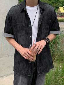 DAZY 男士單排扣休閒百搭日常出遊襯衫 - 黑色 - 查看 5