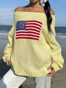 CovetEZ 女款美式國旗圖案露肩長袖針織衫 - 黃色 - 查看 4