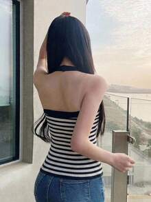 DAZY 女款條紋掛脖修身針織上衣 - 藍色 - 查看 5