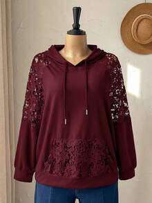 Rusticease Sudadera con capucha de talla grande, unicolor con patchwork de encaje - Burdeos - Ver 4