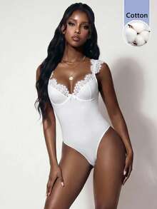 Amplova Solid Color Lace Trim Patchwork Cup Underwire Strap Short Sleeve Sexy Elegant Women's Bodysuit Night Out White Summer - White - View 3