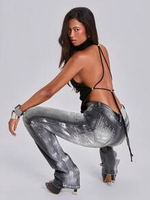 ACID BLVD Fall Y2K Hot Street Style Rhinestone Sequin Embroidered Pocket Distressed Washed Ultra Low Waist Straight Leg Slim Fit Bootcut Jeans - Black - View 7