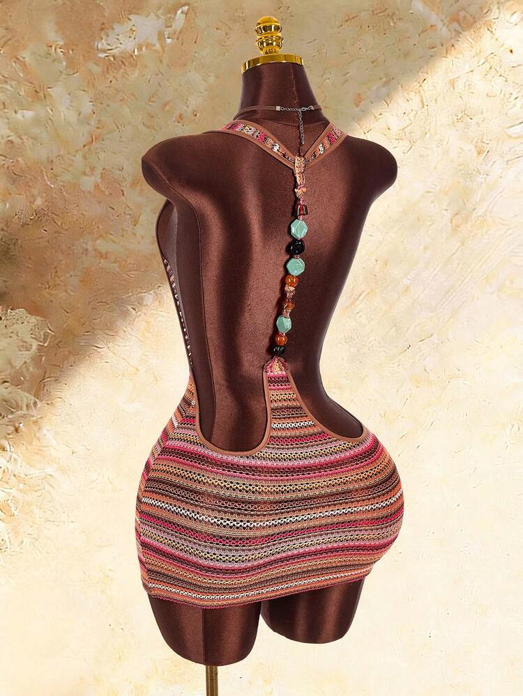 Amplova Women's Beaded Backless Brown And Pink Polka Dot Sexy Boho Cover Up, Suitable For Vacation, Summer/ Beach - Red - View 1