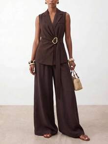 Zivah Elegant & Sophisticated Women's Autumn/Winter 2 Pieces Suit Set, Suitable For Office Wear: Metal Decor Sleeveless Blazer + Wide Leg Pants, Dark Brown - Brown - View 2