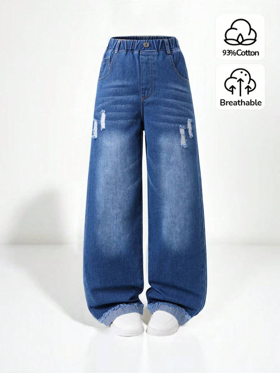 SHEIN 女童牛仔寬腿褲,四季新品,街頭休閒個性風格,經典百搭中藍牛仔色,膝蓋破洞做舊設計前衛,毛邊捲邊工藝時尚有型,彈性腰頭配金屬鈕扣穿脫方便,寬鬆寬腿版型舒適,優質棉牛仔面料,日常穿搭百搭可搭配T恤 - 中等水洗藍 - 查看 1