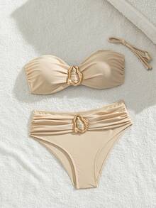 Swim Basics 女士海灘度假休閒全黑可拆卸細肩帶高腰長褲比基尼套裝，附金屬飾品 - 卡其色 - 查看 5
