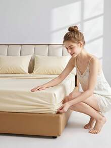 Veyra Day 4pcs/Set 100% Polyester Sheet Set Easy Care Bedding Set Fitted Sheet Set (1pc Flat Sheet+1pc Fitted Sheet+2pcs Pillowcases) Fitted Sheet Set King Queen Full TWIN SIZE Sheet Deep Pocket Up To 35cm , Breathable Better For Sleep - goose yellow - View 2
