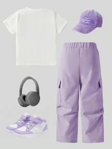 SHEIN 2pcs/Set Young Girls Casual Loose Short Sleeve T-Shirt And Elastic Waist Cargo Pants Outfit - Purple - View 4