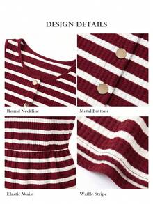 ELLERISSA Vestido mini de punto gofrado con rayas rojas & blancas, cuello redondo, sin mangas y botones delanteros, talla grande - Rojo y blanco - Ver 6