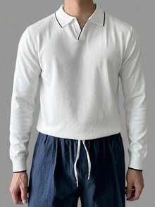DAZY Spring/Autumn Long Sleeve Half-Button Solid White/Black Trim Men's Knit Top - White - View 4