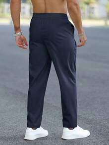 Manfinity Homme Solid Color Versatile Drawstring Pocket Casual Pants - Navy Blue - View 2