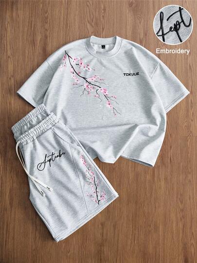 TOKVUE Men's Spring Casual Sakura Print Loose T-Shirt And Pocket Drawstring Waist Shorts Set