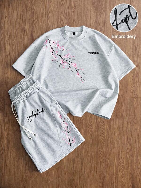 TOKVUE Conjunto de primavera casual para homem com t-shirt larga com estampado de sakura e calções com bolso e cintura com cordão