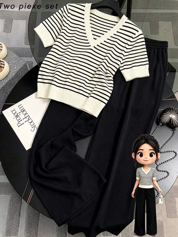 Elenzga Plus Size Women Elegant Minimalist Commute Casual Fashion Vacation Daily Date Party Shopping Black And White Striped T-Shirt And Black Pants 2-Piece Set