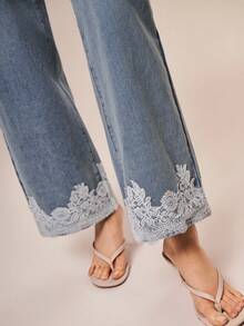 Willow Rêve Women's Casual Versatile Everyday Travel Jeans With Pocket And Lace Patchwork - Baby Blue - View 1