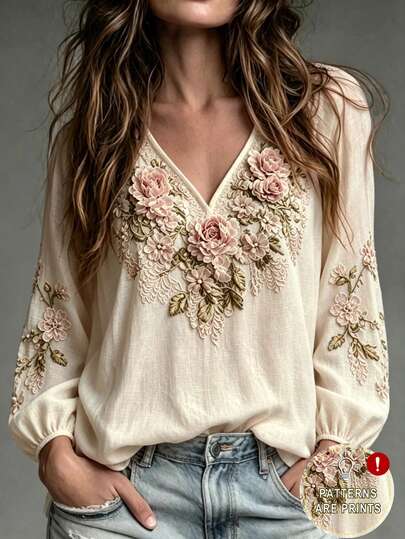 SHEIN Elegant Autumn Vacation Long Sleeve Floral Print Women's Top, Party Gathering Shopping Commuting Women's Top