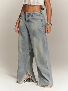 Denimoi Frayed Seams Barrel Leg Jeans Fashionable Denim Barrel Jeans - Light Wash - View 4
