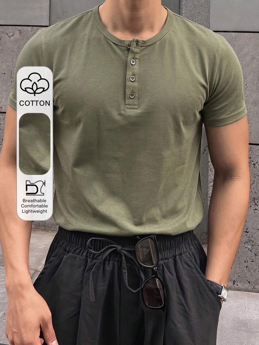 DAZY 男士夏季短袖修身半開襟綠色彈性布料T恤 - 軍綠色 - 查看 1