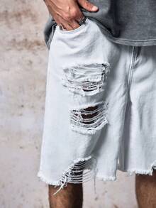 Skyrend 男士休閒夏季純色破洞牛仔短褲 Jorts 哥德龐克街頭風 Emo 男孩穿搭 - 白色 - 查看 7