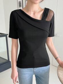 DAZY Contrast Mesh Asymmetrical Neck Tee Going Out Tops - Black - View 8