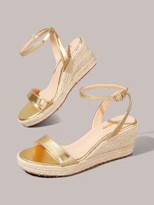 Styleloop Straw Wedge Heel With Sandals, Buckle Ankle Strap Design Casual Vacation Style Platform Women's Shoes Daily Wear Height-Increasing Shoes - Gold - View 6