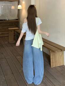 DAZY Women's Casual Street Washed Star Curved Leg Jeans Summer Everyday Going Out Light Blue - Blue - View 2