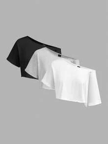 SHEIN EZwear 女款 95% 棉單肩寬領針織 T-shirt 3 件組 黑色，寬鬆，夏季工作基本款 - 彩色 - 查看 11
