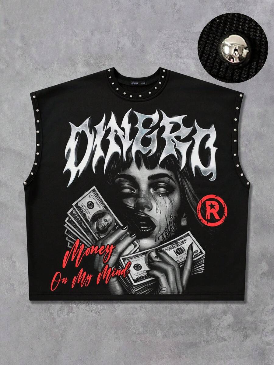 ROMWE MEN Street Life Men's Rivet Decor Blurred Portrait Print Loose Fit Tank Top - Black - View 1