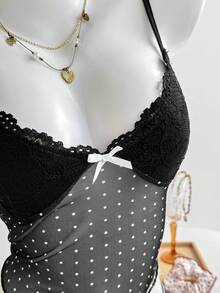 Elamini 女款蕾絲拼接蝴蝶結裝飾細肩帶背心 - 黑色 - 查看 7