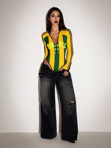 SHEIN ICON World Cup Jersey Striped Letter Print Contrast Color Fashion Long Sleeve Bodysuit - Multicolor - View 4