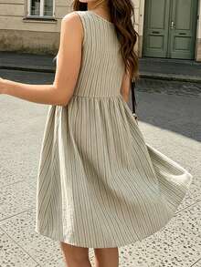 EMERY ROSE Round Neck Bow Decor White Loose Sleeveless Women's Short Dress Vacation Summer Boho - Multicolor - View 2