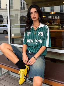 Muchica Women's Jersey Striped Contrast Color Letter Print Button Placket T-Shirt Back-To-School School Green Striped Summer Streetwear - Army Green - View 4
