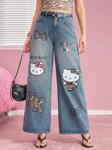 HELLO KITTY AND FRIENDS | SHEIN Women's Cartoon Pattern Printed Pocket Button Denim Jeans - Blue - View 3