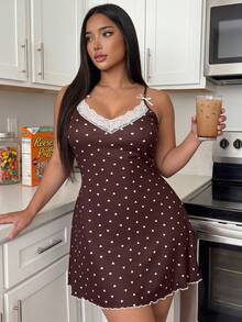 ZzzCrew Chocolate Brown Contrast Lace V-Neck Backless Plus Size Camisole Nightgown Night Lounge Summer - Chocolate Brown - View 4