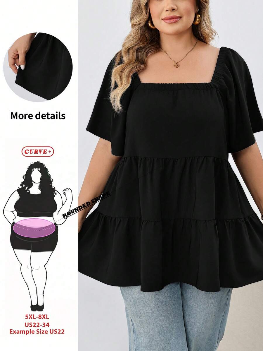 SHEIN CURVE+ 大尺碼方領寬鬆荷葉邊短袖上衣,適合蘋果型與圓形身型,2026 秋冬 22W - 黑色 - 查看 1