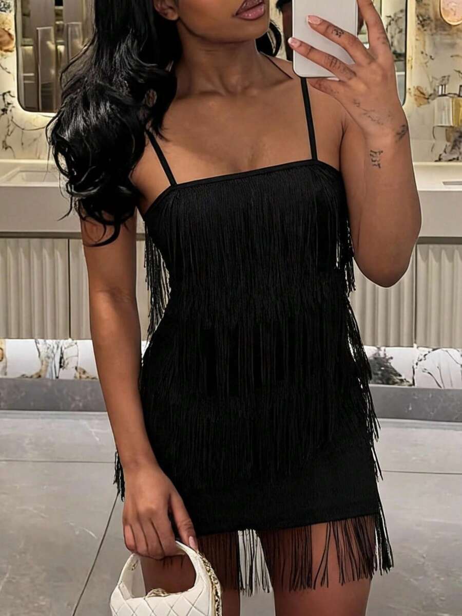 SHEIN SXY Summer Solid Color Tassel Detail Black Tight Sexy Party Cami Mini Dress