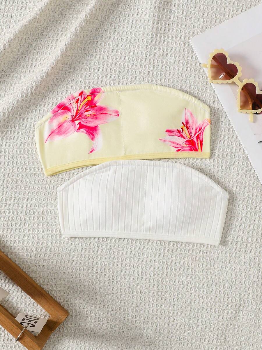 SHEIN Tween Girl Tween Girl Simple Comfortable Soft Skin-Friendly Bandeau Bra With Padding 2pcs Set, All Season - Multicolor - View 1