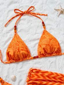 SHEIN Swim Women's 3-Piece Random Shell Print Sexy Tropical V-Neck Halter Bikini Set With Briefs, Summer Beach Vacation Red Orange - Multicolor - View 4