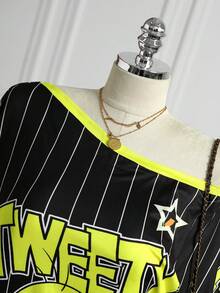 DrmWander LOONEY TUNES X SHEIN Plus Size Women Letter & Stripe Print Asymmetrical Shoulder Short Sleeve Casual T-Shirt - Multicolor - View 4