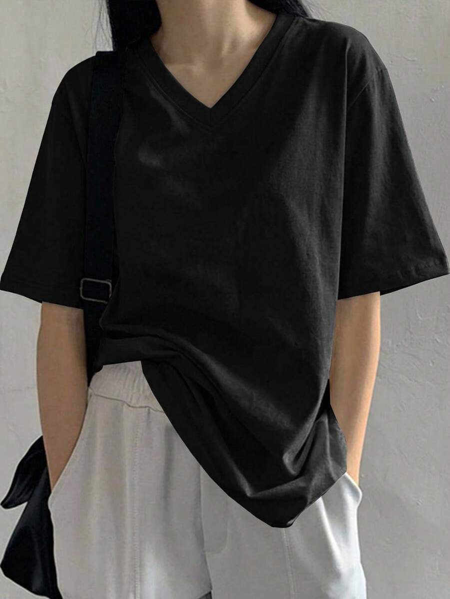 DAZY Women's Solid Color V-Neck Short Sleeve Casual Loose Fit T-Shirt School - Black - View 1