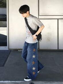 DAZY 秋季拼接設計深藍色原色丹寧寬版男款牛仔褲 - 藍色 - 查看 3