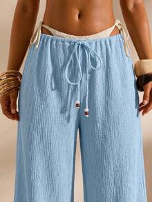 Opulessa Women's Summer Beach Solid Color Waist Tie Swim Pants Bathing Suit - Blue - View 7