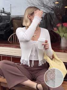 SHEIN EZwear 女士休闲度假通勤撞色蕾丝系带露脐上衣，简约纯色，适合春秋季穿着 - 白色 - 查看 11