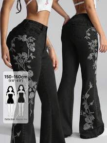 SHEIN PETITE Women's Floral Pattern Flared Jeans ,Petite Women - Black - View 1