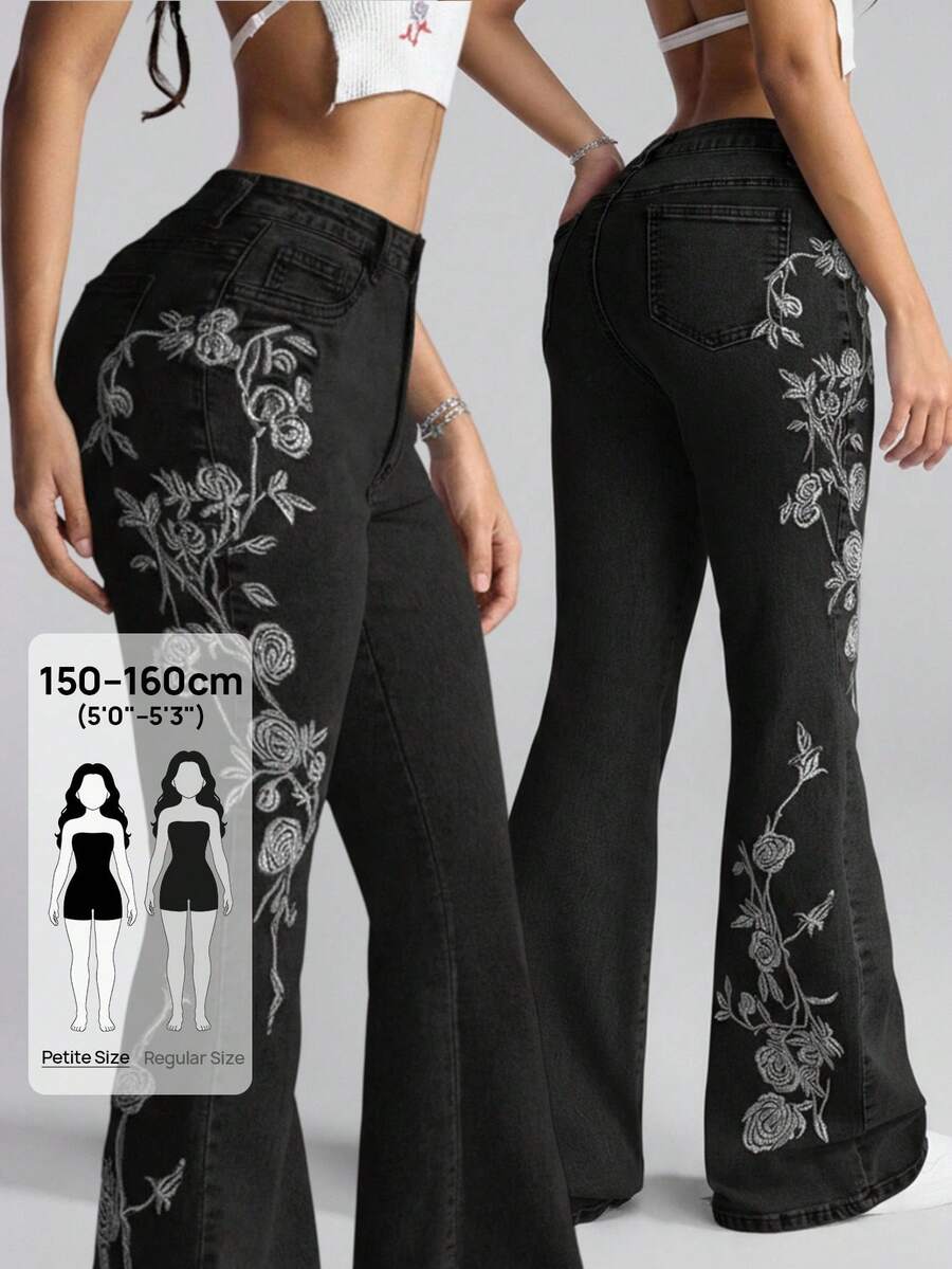SHEIN PETITE Women's Floral Pattern Flared Jeans ,Petite Women - Black - View 1