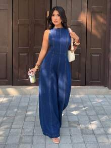 SHEIN PETITE Women's Solid Color Round Neck Backless Sleeveless Denim Jumpsuit ,Petite Women - Blue - View 4