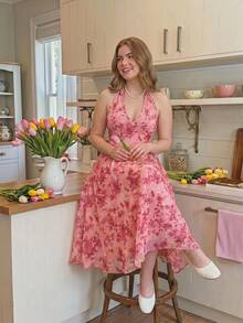 SHEIN MOD Plus Size Pink Floral Halter Midi Dress,Summer 1920s Flapper Tea Party Dress,Elegant Wedding Guest Cocktail Prom Birthday Formal Fairy Boho Sundress - Pink - View 5