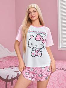 HELLO KITTY AND FRIENDS | SHEIN Set Piyama Wanita: Kaos Lengan Pendek Raglan dengan Motif Huruf dan Celana Pendek - Berwarna merah muda - View 4